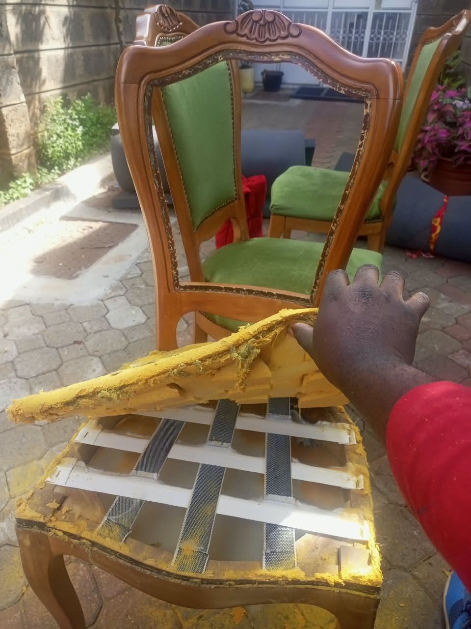 Dining Chairs — Green to Red Velvet — In progress 2