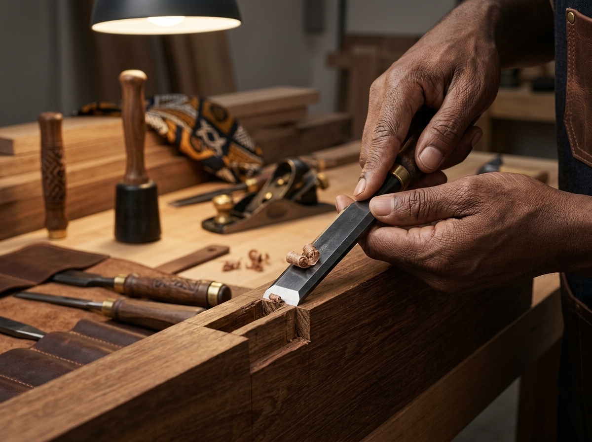 Handcrafted joinery — chisel closeup
